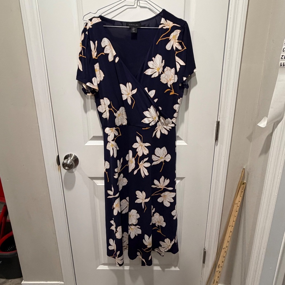 Tahari Women Faux Wrap Dress Floral Navy Blue XL